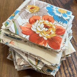 Vintage Floral Cotton Fabric Squares - Cream, Orange, Blue 216 5” patches